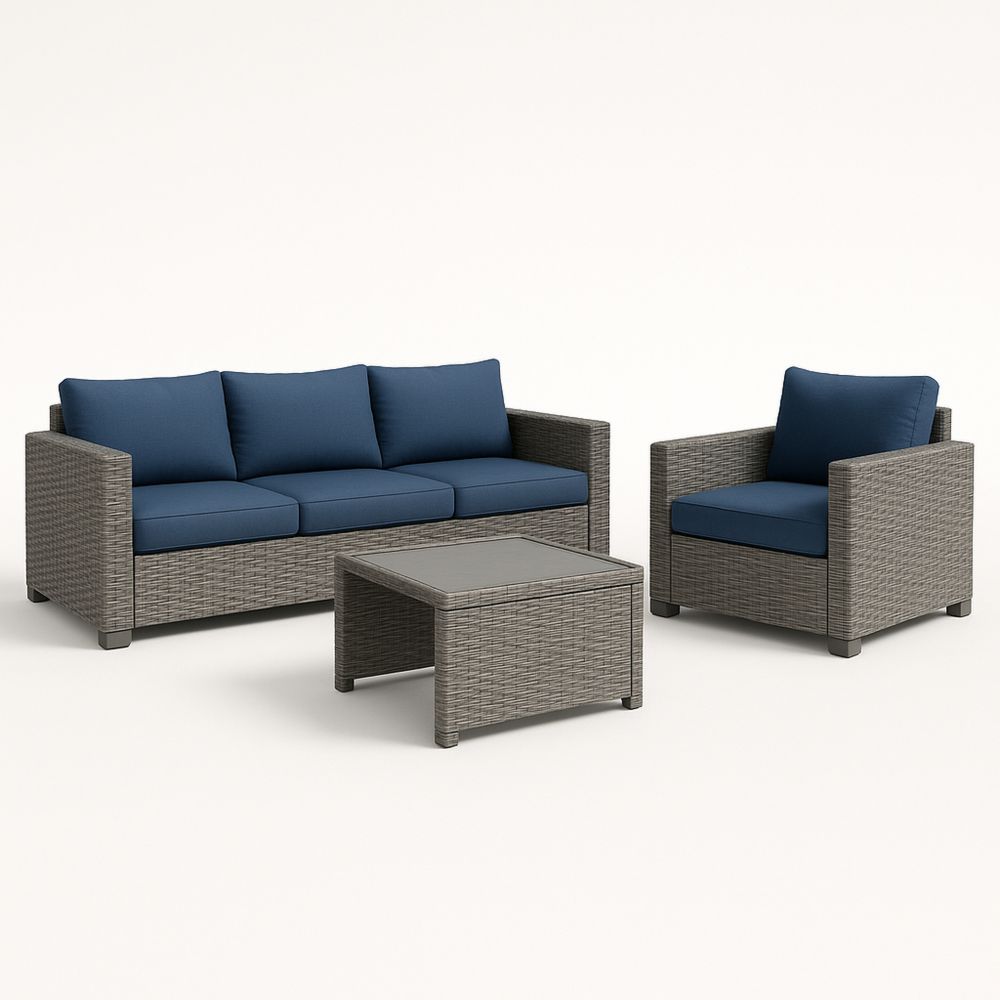 Hagemøbelssett i kunstrotting med polyesterputer i grå og blå farger