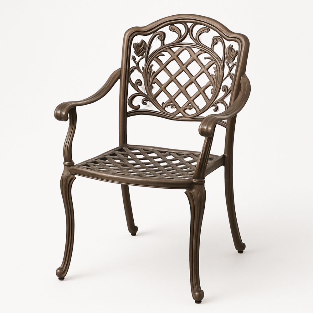 Hagestol metall brun med dekorativ rygg og armlener