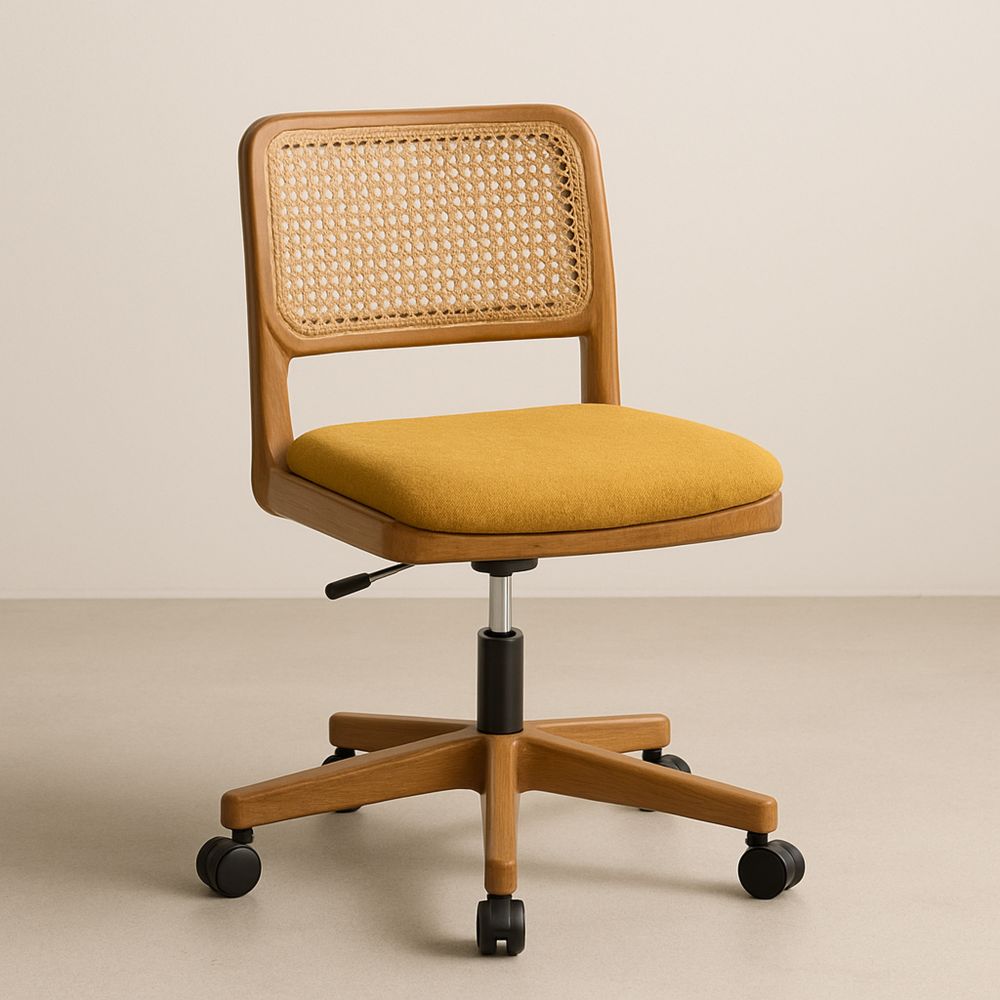 Gul kontorstol med rotting rygg og trebase