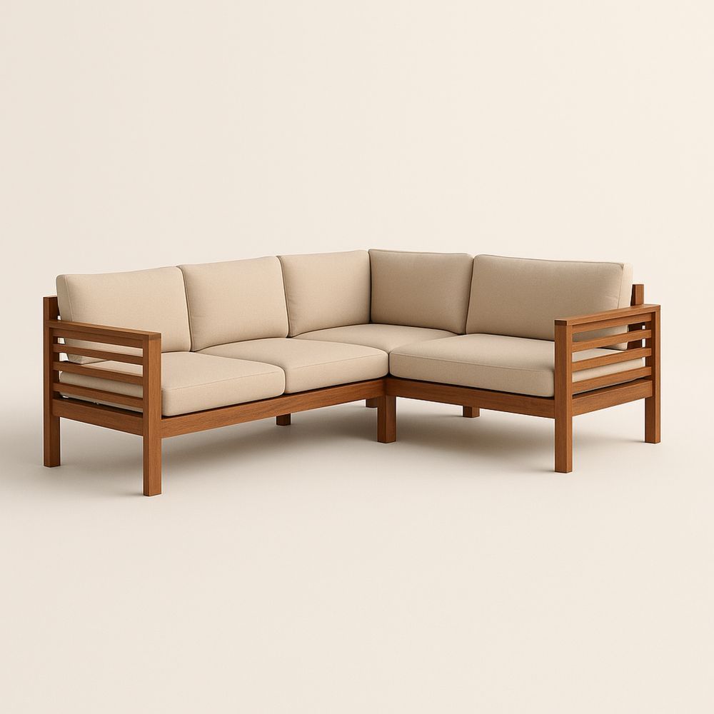 Hjørnesofa i akasietre med polyesterputer i beige