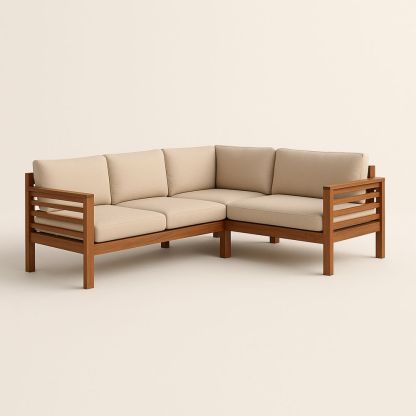 Hjørnesofa i akasietre med polyesterputer i beige