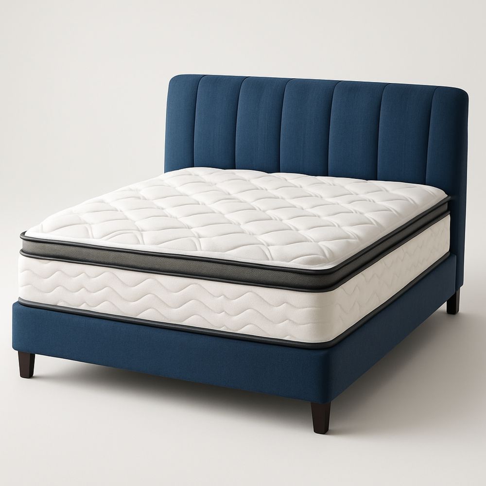 Seng med madrass 200x160 cm Stoff Polyesterskum Hvit/Blå