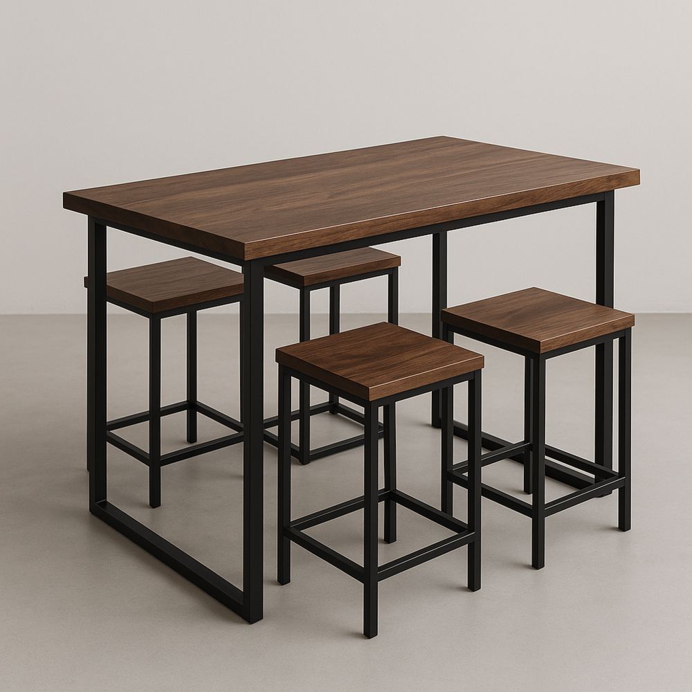 Spisebordsett med 4 krakker i tre og metall brun/svart