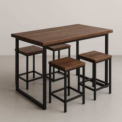 Spisebordsett med 4 krakker i tre og metall brun/svart