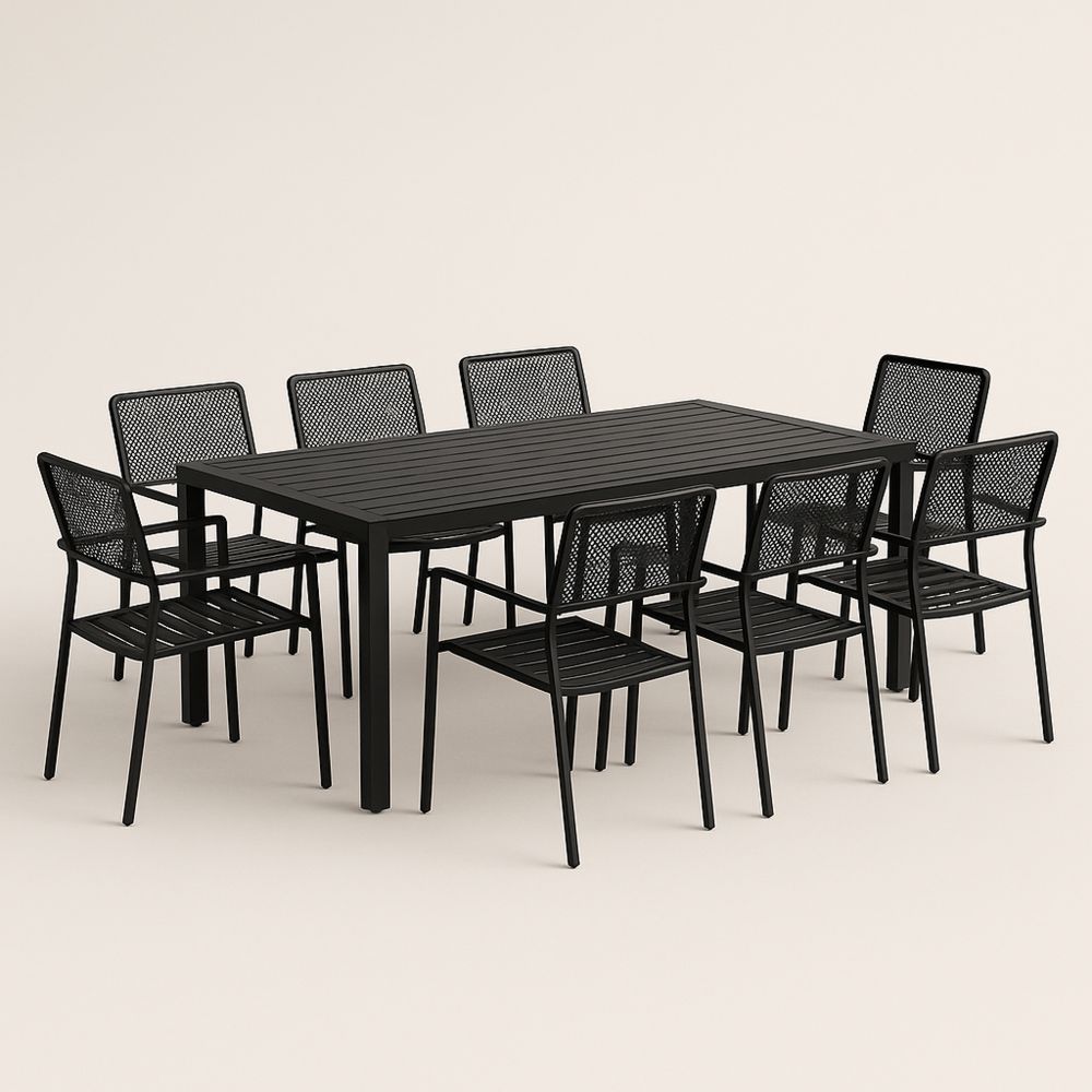 Spisebordsett i metall for 8 personer med stoler i svart