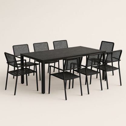 Spisebordsett i metall for 8 personer med stoler i svart