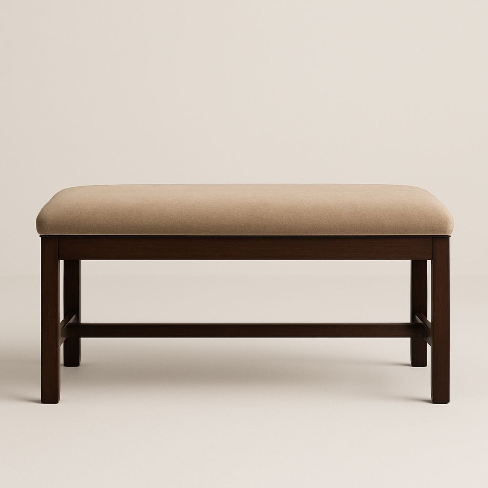 Beige benk med fløyelssete og treramme 120cm