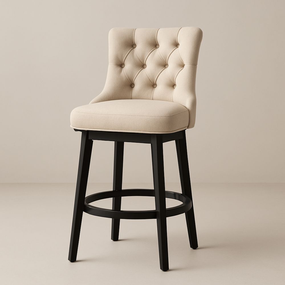 Barstol i beige polyesterstoff med svart trefot, høyde 110 cm