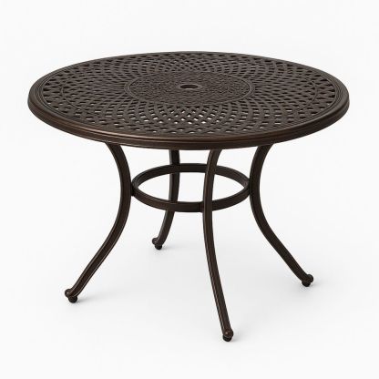 Rundt metallbord i bronsefarge, diameter 110 cm, høyde 75 cm