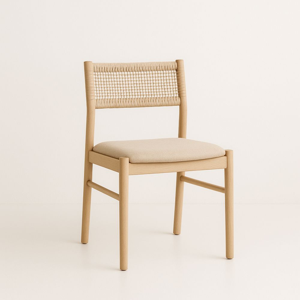 Spisestol i tre med flettet rygg og polstret sete