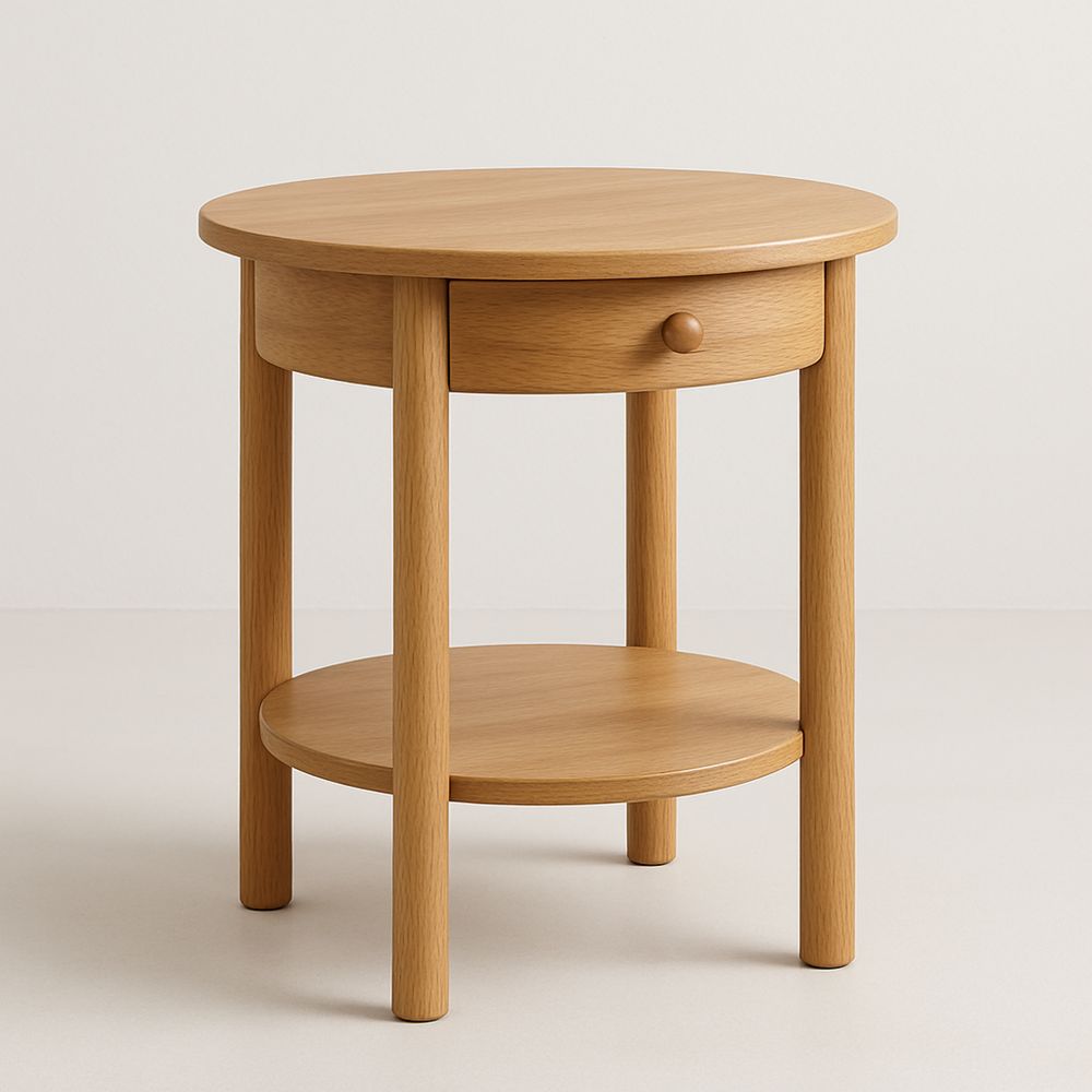 Rundt Sidebord i Eik med Skuff og Hylle