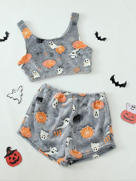 4 Counts/2 Set Women's Halloween Print Glow in The Dark Crop Tank Top & Elastic Waist Shorts Fluffy Pajamas, Casual Comfortable Loungewear for Women, Comfy Loungewear for Women, Women's Sleepwear for Fall, Fluffy Pajamas 4 Counts/2 Set Women's Halloween Print Glow in The Dark Crop Tank Top & Elastic Waist Shorts Fluffy Pajamas, Casual Comfortable Loungewear for Women, Comfy Loungewear for Women, Women's Sleepwear for Fall, Fluffy Pajamas