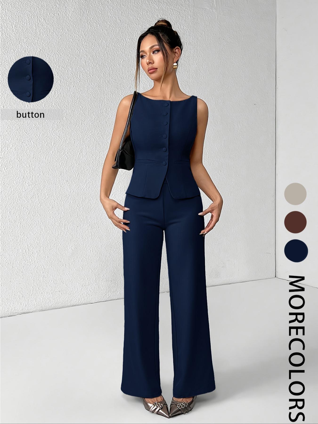 Women's Solid Button Front Sleeveless Tank Top & Wide Leg Pants Set, Casual Elegant Chic Minimalist Fashion Two-piece Set for Summer, Women's Clothing for Daily Wear, Suits, Office Siren Outfits, Casual Matching Set, Corporate Outfits Women Women's Solid Button Front Sleeveless Tank Top & Wide Leg Pants Set, Casual Elegant Chic Minimalist Fashion Two-piece Set for Summer, Women's Clothing for Daily Wear, Suits, Office Siren Outfits, Casual Matching Set, Corporate Outfits Women
