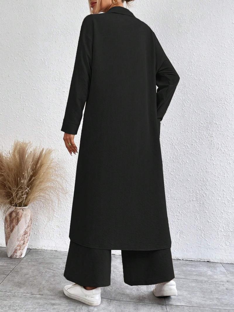 Women's Solid Button Front Shirt & Wide Leg Pants Two-piece Set, Casual Drop Shoulder Long Sleeve Top & Trousers Set, Women's Clothes for Daily Wear