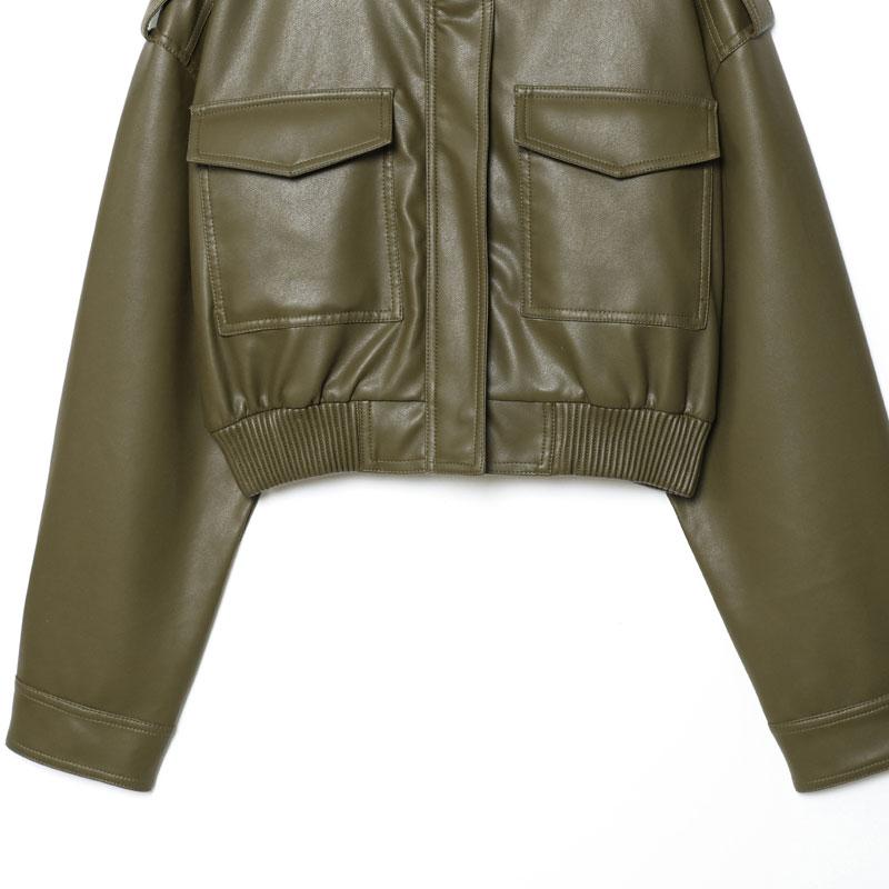 Women's Bomber Jacket Olive Green Faux Leather Jacket Stand Collar Moto Jacket Flap Pockets Streetwear Women's Layered Outerwear Short Jacket Woman Women's Bomber Jacket Olive Green Faux Leather Jacket Stand Collar Moto Jacket Flap Pockets Streetwear Women's Layered Outerwear Short Jacket Woman