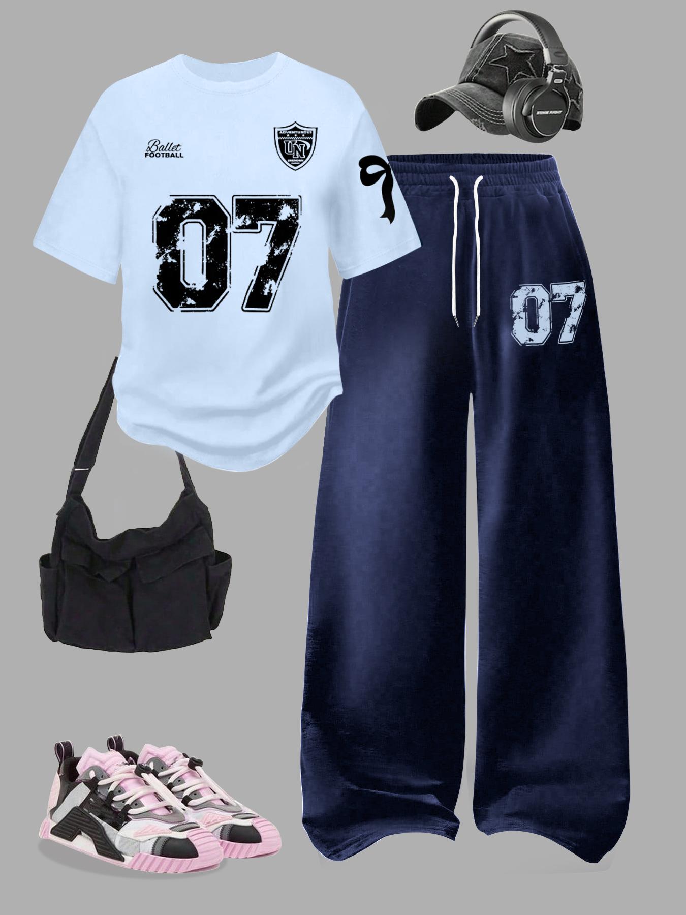 Women's Two-Piece Set, Digital Pattern Round Neck Short Sleeve Top & Loose Casual Pants, Summer Fashion for Vacation Travel, Outfit