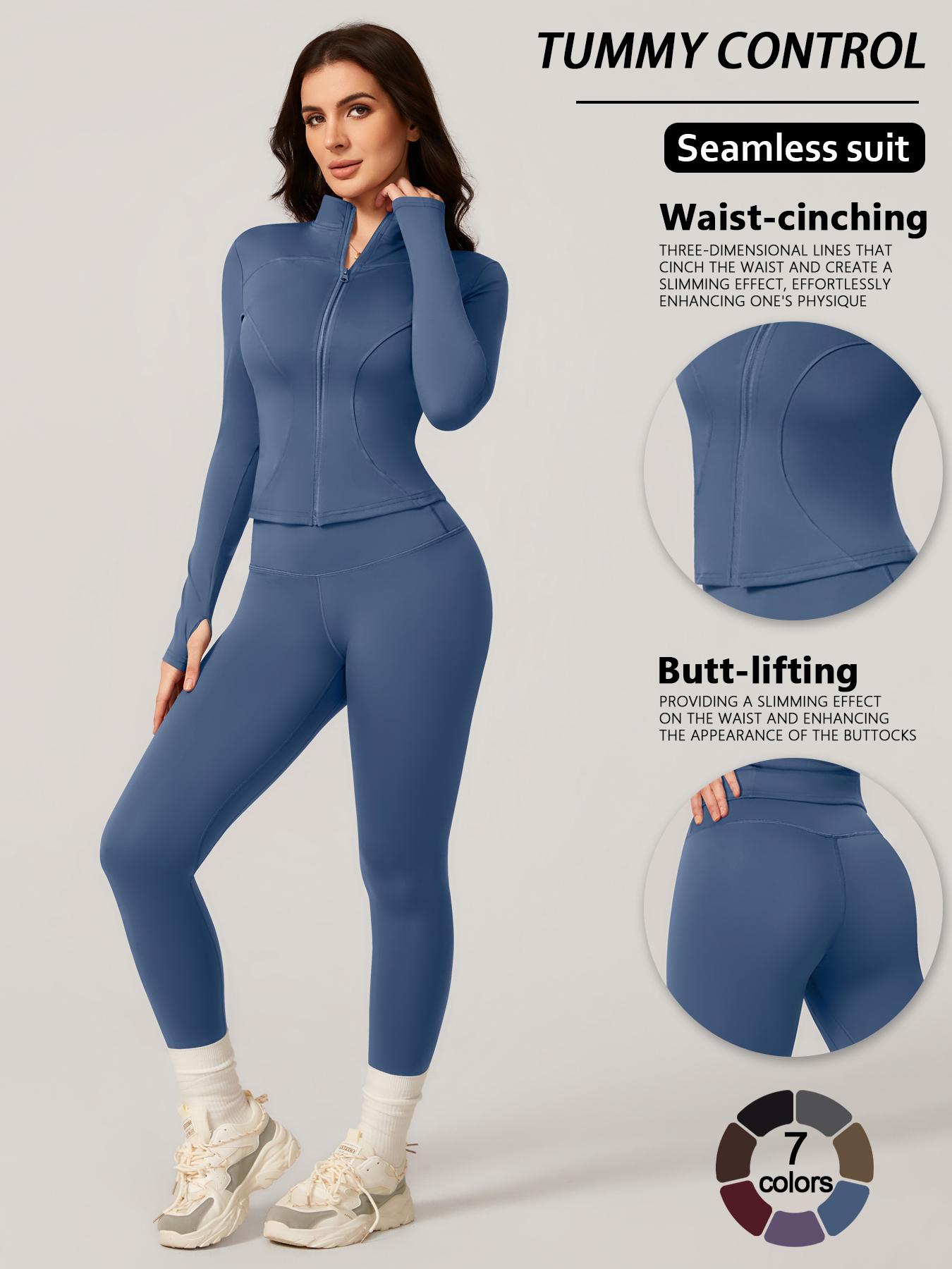Women's Two-Piece Slim-Fitting Workout Set, Long Sleeve Top and Below-Ankle Sports Pants with Natural Waistline, All-Season Wearable Comfort Tracksuit Set, Stretchy Suit Set, Sportswear Set