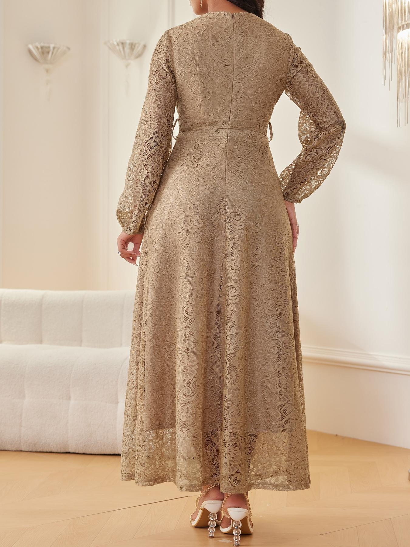 Women's Lace V-Neck Long Sleeve Dress, Elegant Chic Belted Waist, Slim Fit, Plain Color, Wedding Evening Formal Occasion, Spring & Fall Women's Lace V-Neck Long Sleeve Dress, Elegant Chic Belted Waist, Slim Fit, Plain Color, Wedding Evening Formal Occasion, Spring & Fall