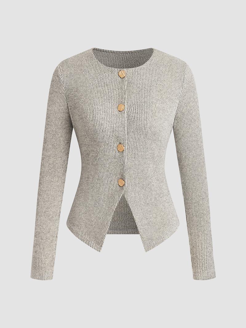 Women's Casual Elegant Ribbed Knit Button Long Sleeve Top, Fitted Plain Design, All Season Wear, Moderate Fabric Thickness Women's Casual Elegant Ribbed Knit Button Long Sleeve Top, Fitted Plain Design, All Season Wear, Moderate Fabric Thickness