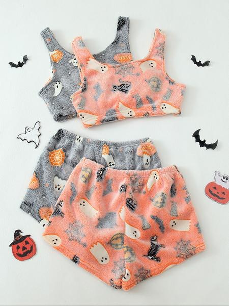 4 Counts/2 Set Women's Halloween Print Glow in The Dark Crop Tank Top & Elastic Waist Shorts Fluffy Pajamas, Casual Comfortable Loungewear for Women, Comfy Loungewear for Women, Women's Sleepwear for Fall, Fluffy Pajamas 4 Counts/2 Set Women's Halloween Print Glow in The Dark Crop Tank Top & Elastic Waist Shorts Fluffy Pajamas, Casual Comfortable Loungewear for Women, Comfy Loungewear for Women, Women's Sleepwear for Fall, Fluffy Pajamas
