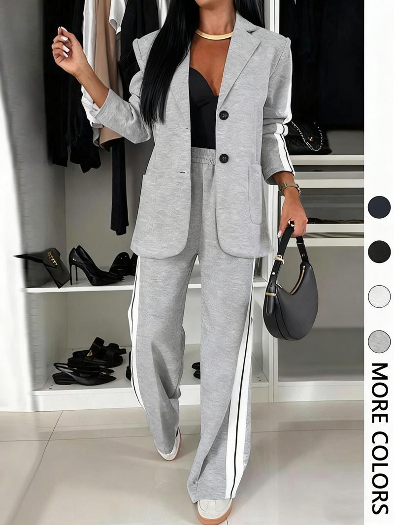 Women's Striped Print Blazer Jacket & Wide Leg Pants Set, Casual Fitted Suit for All Seasons, Stylish Ladies' Clothing Ensemble Women's Striped Print Blazer Jacket & Wide Leg Pants Set, Casual Fitted Suit for All Seasons, Stylish Ladies' Clothing Ensemble
