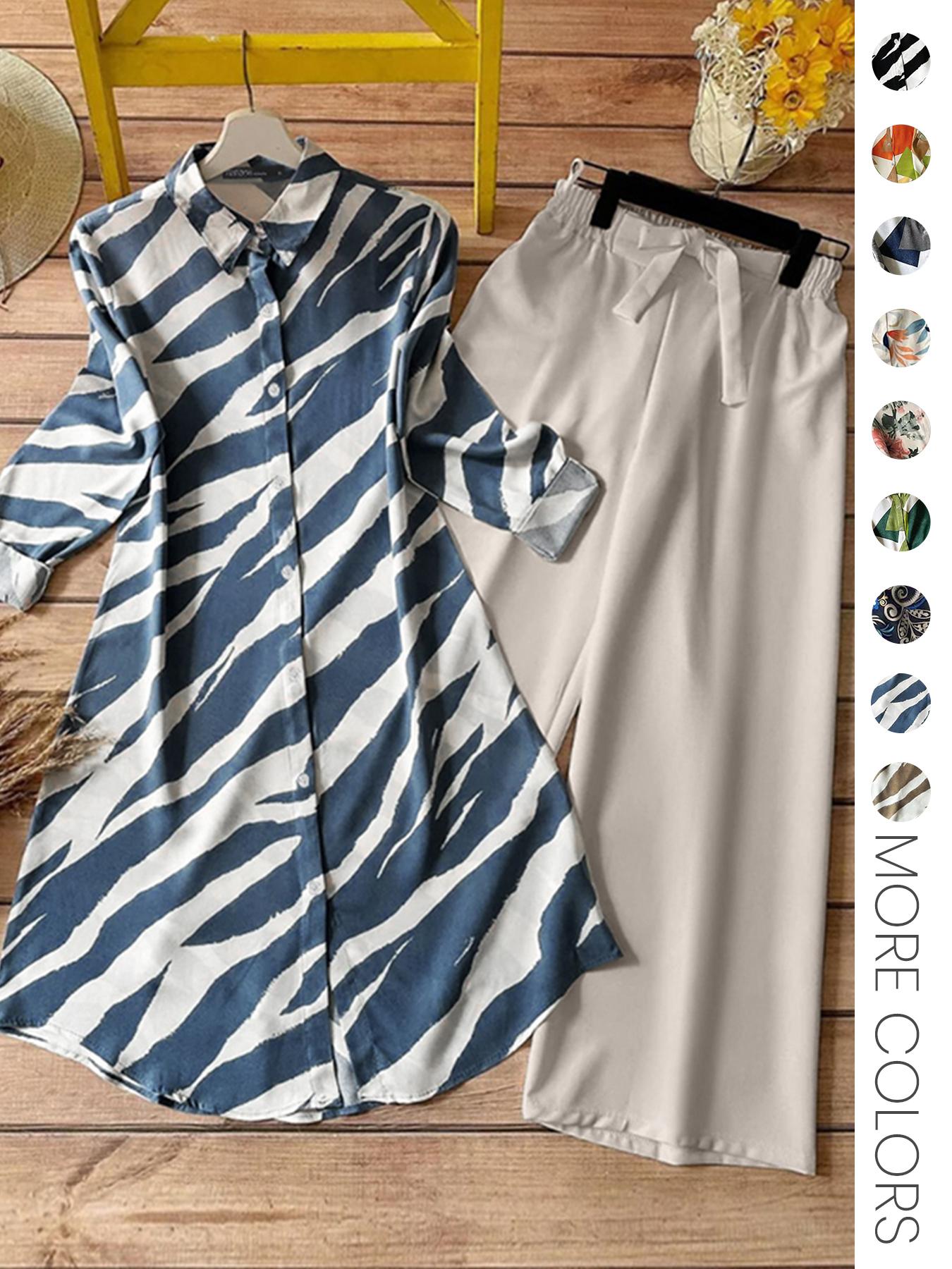 Two-piece Women's All-Over Print Button Shirt & Wide Leg Pants Set, Casual Long Sleeve Collared Top & Trousers for Daily Wear, Ladies Clothes for All Seasons Two-piece Women's All-Over Print Button Shirt & Wide Leg Pants Set, Casual Long Sleeve Collared Top & Trousers for Daily Wear, Ladies Clothes for All Seasons