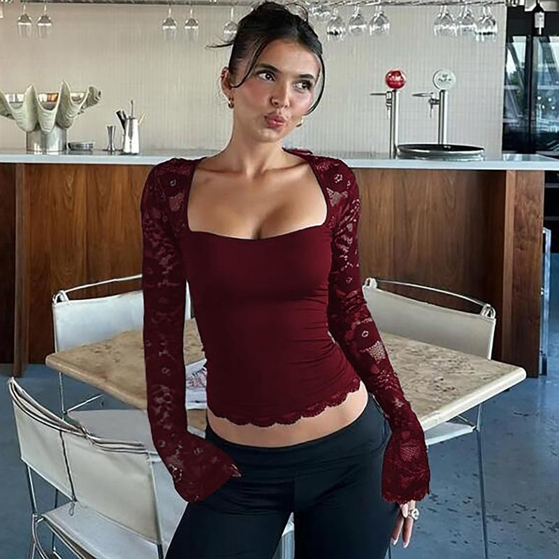 Women's Solid Color Lace Floral Spliced Ruffles Trim Sheer Long Sleeve Tee, Sexy Flower Pattern Designed Slim-fit T-shirt for Party Club Holiday, Ladies Summer Clothes, Top Women's Solid Color Lace Floral Spliced Ruffles Trim Sheer Long Sleeve Tee, Sexy Flower Pattern Designed Slim-fit T-shirt for Party Club Holiday, Ladies Summer Clothes, Top