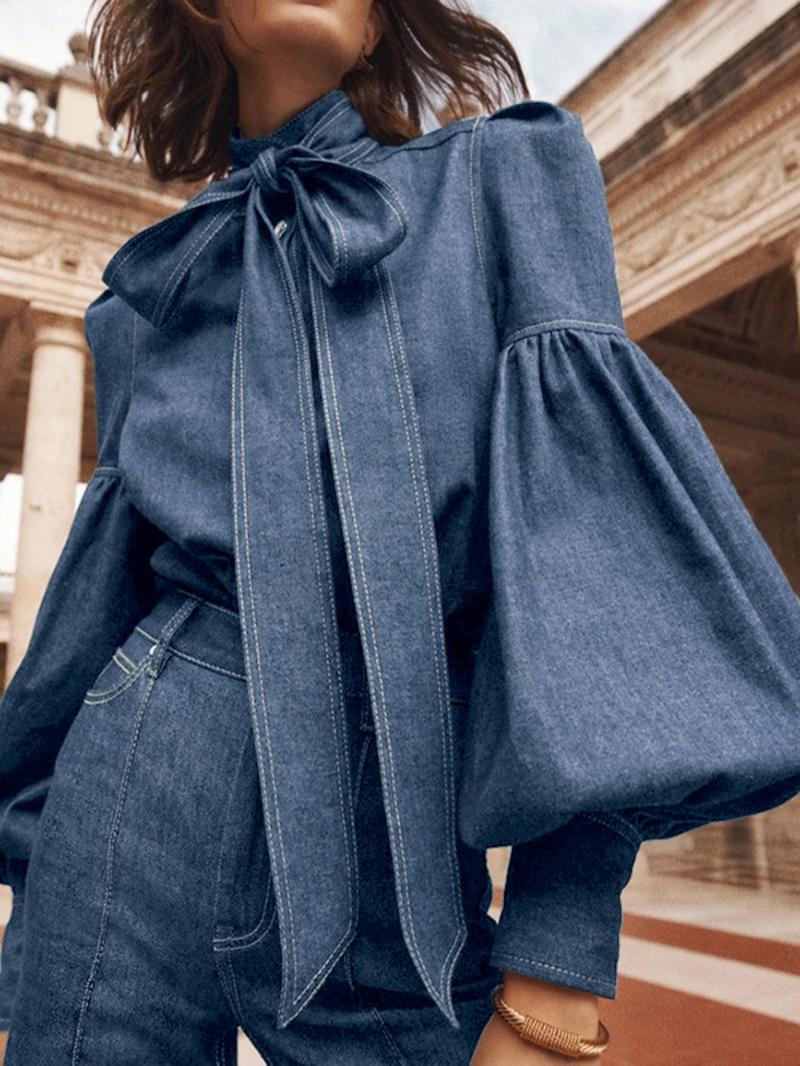 Women's Denim-effect Print Tie Neck Shirt, Chic Casual Long Sleeve Top for Daily Wear, Ladies Clothes for All Seasons Women's Denim-effect Print Tie Neck Shirt, Chic Casual Long Sleeve Top for Daily Wear, Ladies Clothes for All Seasons