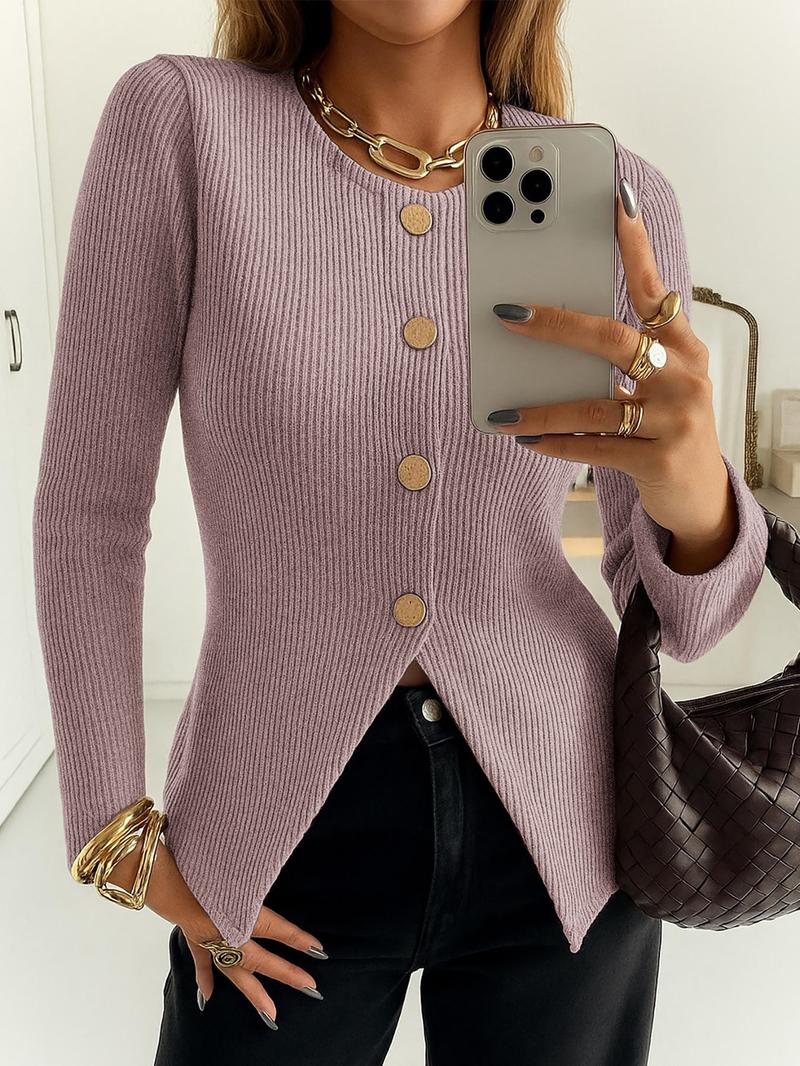 Women's Casual Elegant Ribbed Knit Button Long Sleeve Top, Fitted Plain Design, All Season Wear, Moderate Fabric Thickness Women's Casual Elegant Ribbed Knit Button Long Sleeve Top, Fitted Plain Design, All Season Wear, Moderate Fabric Thickness