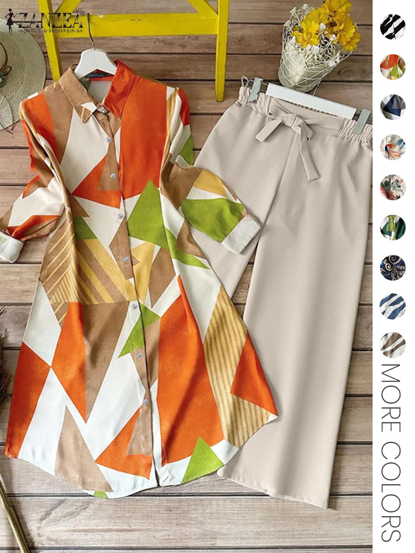 Two-piece Women's All-Over Print Button Shirt & Wide Leg Pants Set, Casual Long Sleeve Collared Top & Trousers for Daily Wear, Ladies Clothes for All Seasons Two-piece Women's All-Over Print Button Shirt & Wide Leg Pants Set, Casual Long Sleeve Collared Top & Trousers for Daily Wear, Ladies Clothes for All Seasons