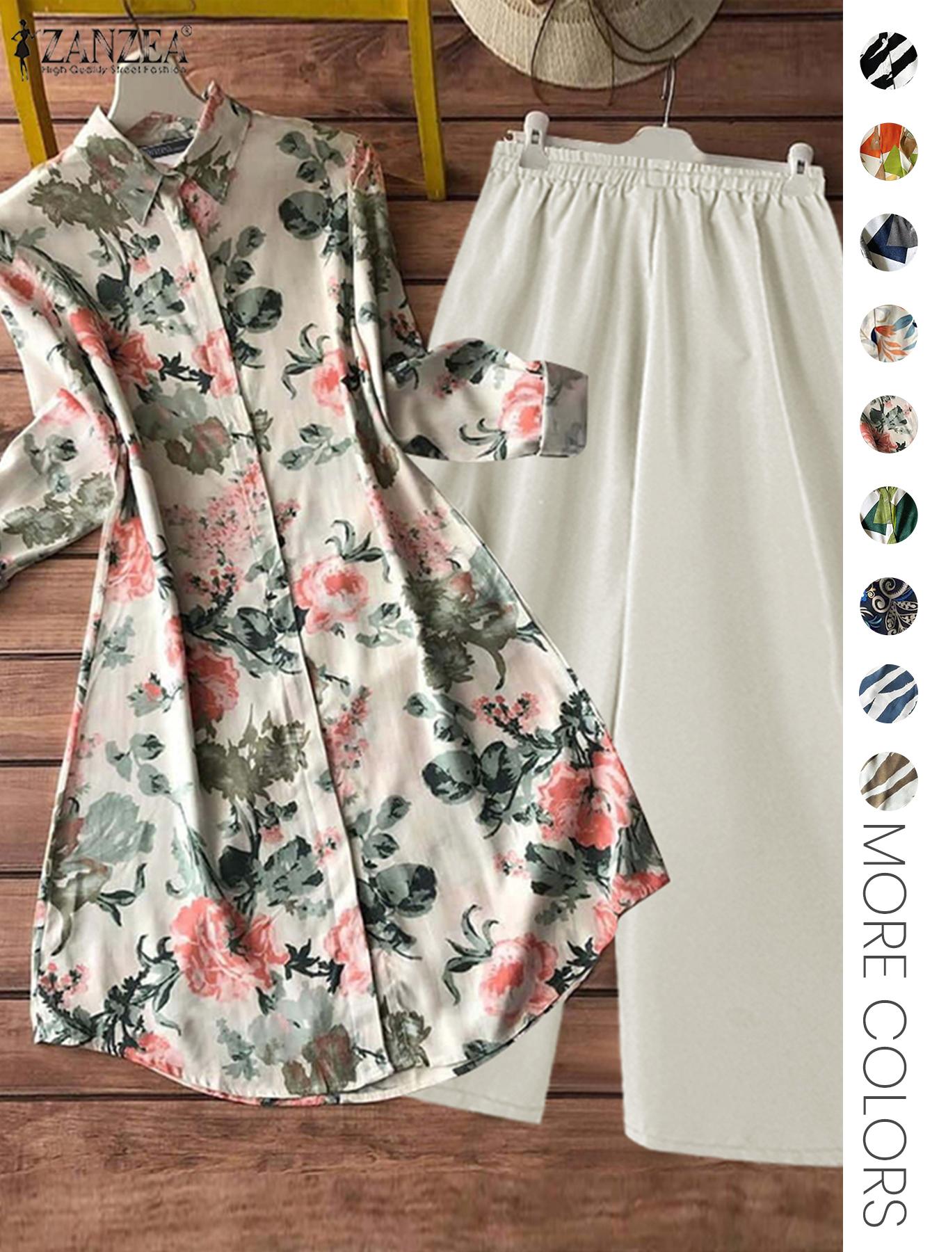 Two-piece Women's All-Over Print Button Shirt & Wide Leg Pants Set, Casual Long Sleeve Collared Top & Trousers for Daily Wear, Ladies Clothes for All Seasons Two-piece Women's All-Over Print Button Shirt & Wide Leg Pants Set, Casual Long Sleeve Collared Top & Trousers for Daily Wear, Ladies Clothes for All Seasons