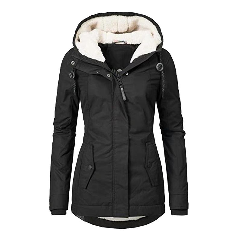Winter Thickened Cotton Parka with Fleece Lining Hooded Warm Coat Mid-Length Women's Fitted Long Sleeve Outerwear Black Imitation Fur Tops for Casual Basic Minimalist Womenswear Elegance Style - Jackets Winter Thickened Cotton Parka with Fleece Lining Hooded Warm Coat Mid-Length Women's Fitted Long Sleeve Outerwear Black Imitation Fur Tops for Casual Basic Minimalist Womenswear Elegance Style - Jackets