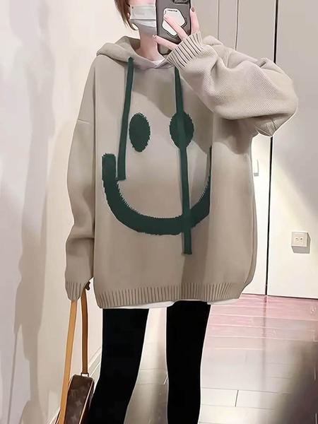 Women's Cartoon Face Print Drop Shoulder Hooded Sweater, Fashion Casual Long Sleeve Drawstring Hooded Sweater for Daily Holiday Outdoor Wear, Women Knitwear for Fall & Winter, Sweaters for Women Women's Cartoon Face Print Drop Shoulder Hooded Sweater, Fashion Casual Long Sleeve Drawstring Hooded Sweater for Daily Holiday Outdoor Wear, Women Knitwear for Fall & Winter, Sweaters for Women