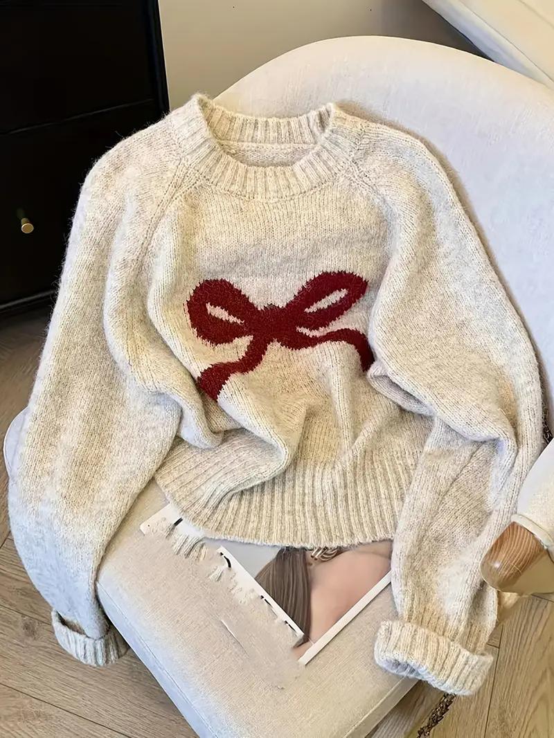 Elegant Bow Knit Sweater for Women, Sweet Autumn Winter Fashion, Thick Casual Pullover Top, Unique Design, Versatile Outerwear