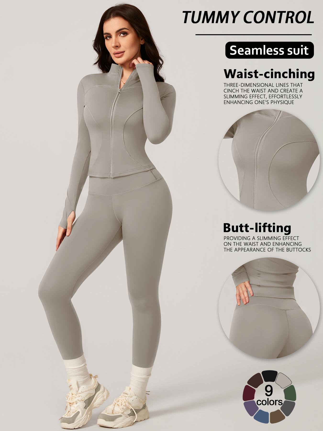 Women's Two-Piece Slim-Fitting Workout Set, Long Sleeve Top and Below-Ankle Sports Pants with Natural Waistline, All-Season Wearable Comfort Tracksuit Set, Stretchy Suit Set, Sportswear Set