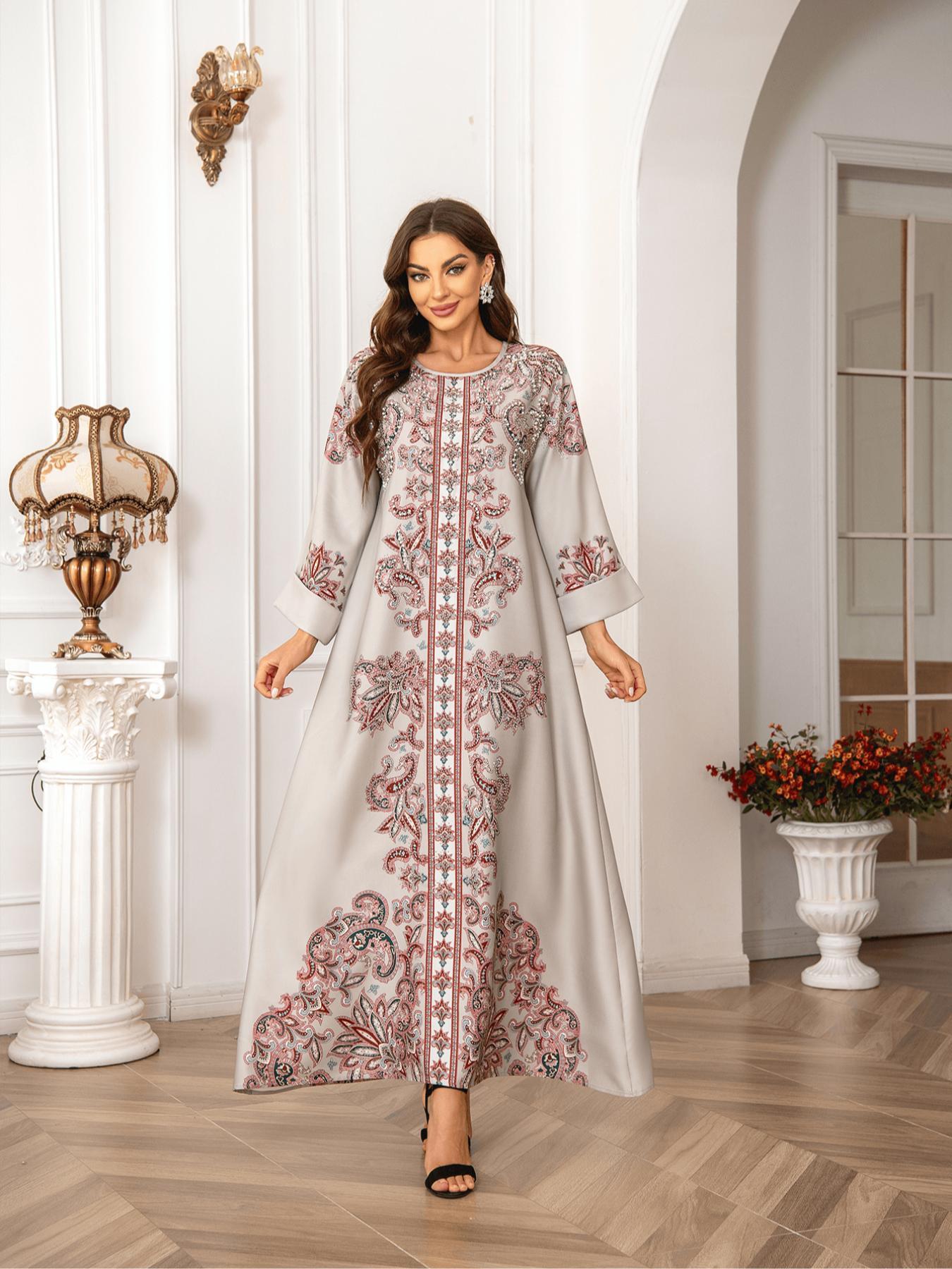 Elegant Boho Muslim Women's Long Robe, All over Print, Loose-Fitting, Round Neck, Flap Sleeves, Long Sleeve, All Seasons Elegant Boho Muslim Women's Long Robe, All over Print, Loose-Fitting, Round Neck, Flap Sleeves, Long Sleeve, All Seasons