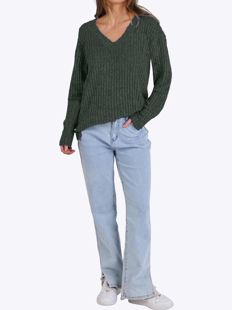 Women's Plain Drop Shoulder V Neck Tee, Casual Long Sleeve Top for Spring & Fall, Fashion Women's Clothes for Daily Wear Women's Plain Drop Shoulder V Neck Tee, Casual Long Sleeve Top for Spring & Fall, Fashion Women's Clothes for Daily Wear