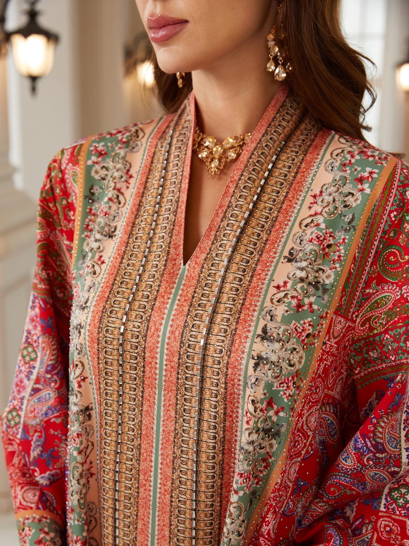 Bohemian Print Beaded Kaftan Dress, Long Evening Abaya Style Jalabiya, New Middle Eastern Women Fashion, Elegant Party Wear, Ethnic Print Kaftan Bohemian Print Beaded Kaftan Dress, Long Evening Abaya Style Jalabiya, New Middle Eastern Women Fashion, Elegant Party Wear, Ethnic Print Kaftan