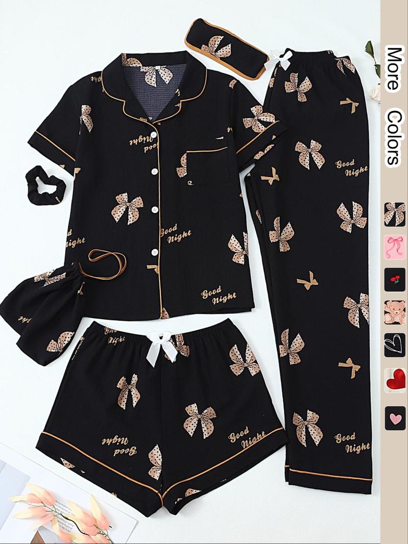 Women's All Over Print Top & Shorts & Pants & Accessories Pyjama Set, Casual Comfy Pj Set, Ladies Sleepwear for All Seasons Women's All Over Print Top & Shorts & Pants & Accessories Pyjama Set, Casual Comfy Pj Set, Ladies Sleepwear for All Seasons