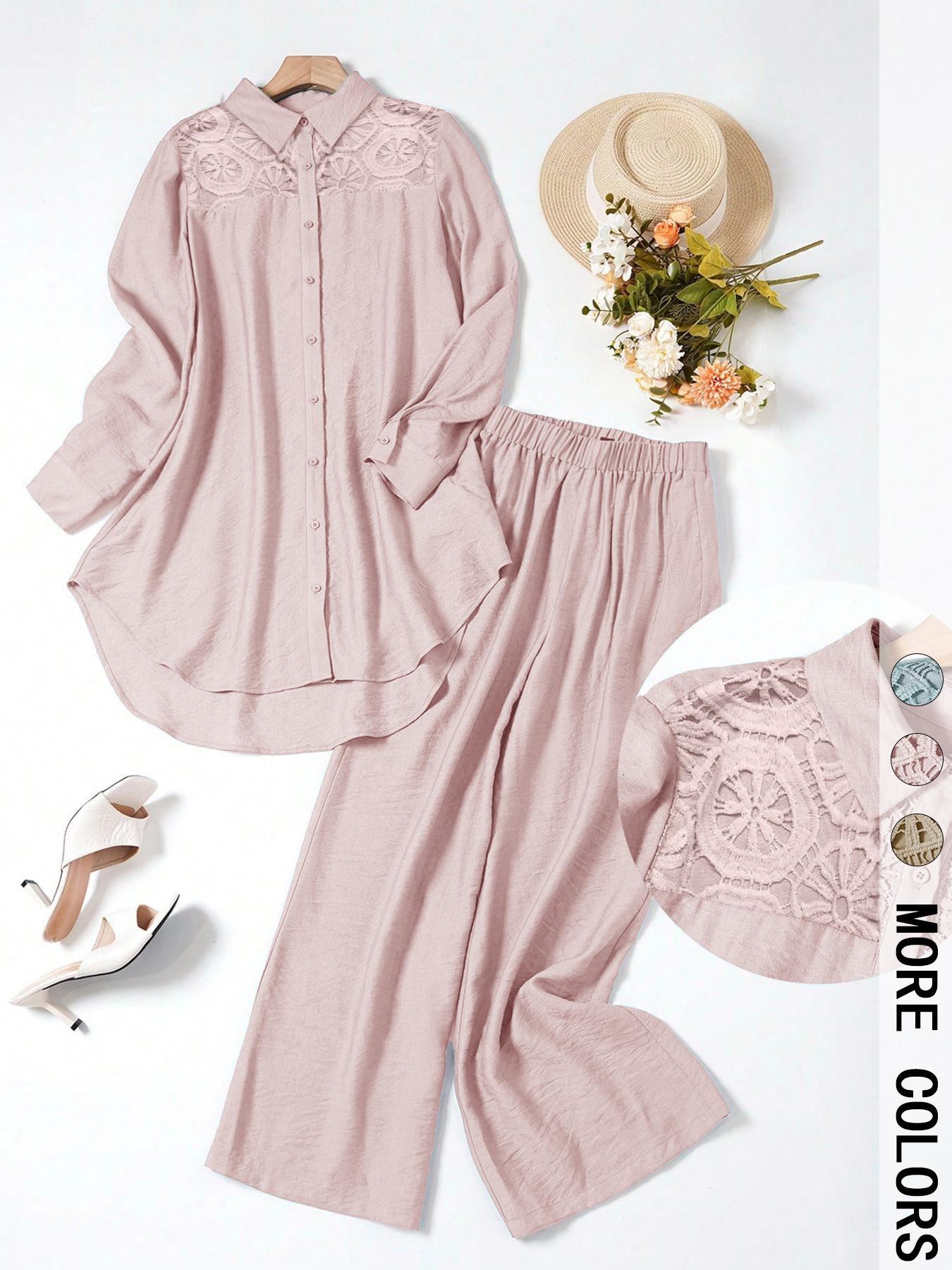 Women's Casual Two-Piece Set, Hollow-Out Top and Loose-Fit Pants, Plain Color Comfortable Breathable Woven Outfit for Daily Wear, Spring and Fall Fashion