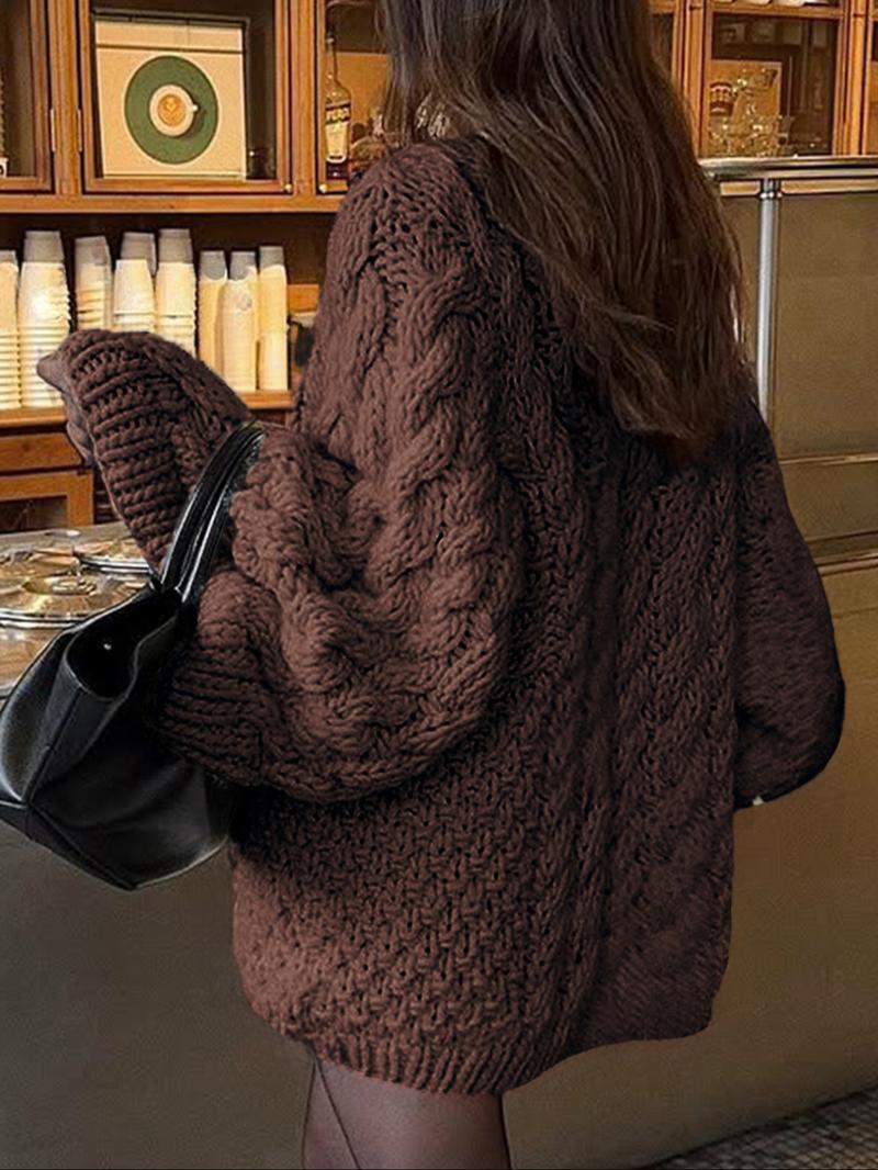Women's Casual Loose-Fit Sweater, Round Neck Long Sleeve Knitted Top, Fall & Winter Fashion, Daily Wear, Plain Color Knitwear