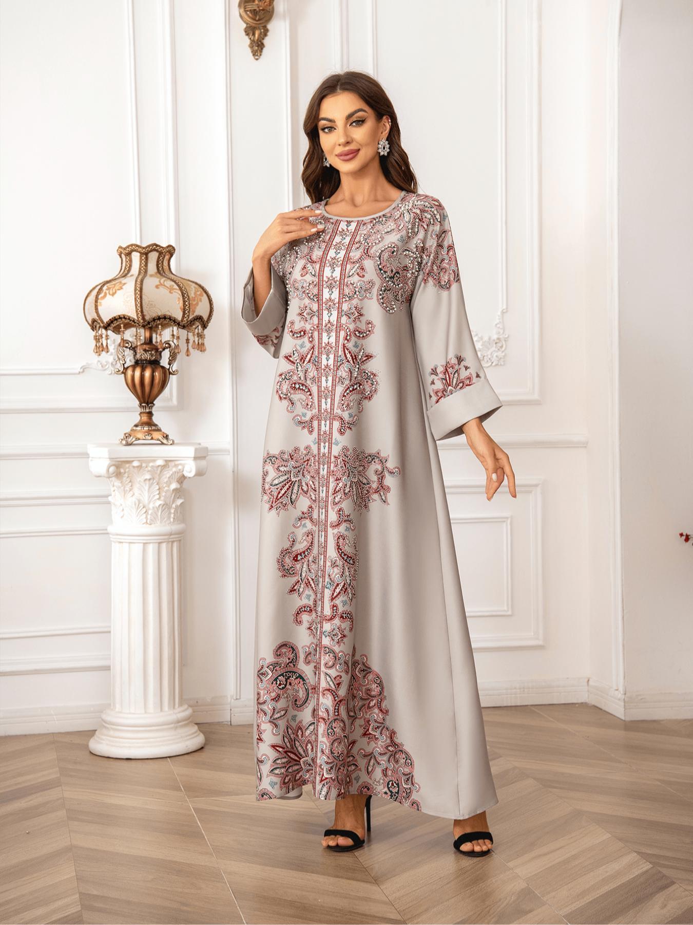 Elegant Boho Muslim Women's Long Robe, All over Print, Loose-Fitting, Round Neck, Flap Sleeves, Long Sleeve, All Seasons Elegant Boho Muslim Women's Long Robe, All over Print, Loose-Fitting, Round Neck, Flap Sleeves, Long Sleeve, All Seasons