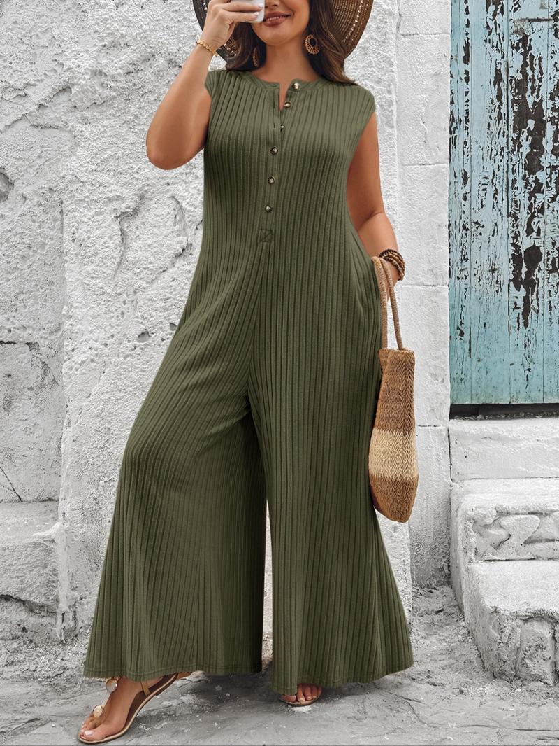 Plus Size Solid Button Front Jumpsuit, Casual Comfy Sleeveless Jumpsuit for Daily Wear, Women's Plus Clothing for All Seasons, Clothes Plus Size Solid Button Front Jumpsuit, Casual Comfy Sleeveless Jumpsuit for Daily Wear, Women's Plus Clothing for All Seasons, Clothes