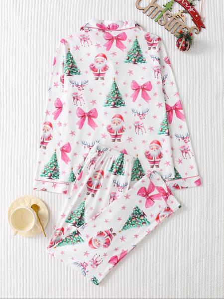 Two-piece Set Women's Christmas Print Button Front Pocket Shirt & Elastic Waist Pants Pyjama, Casual Comfy Long Sleeve Collared Top & Trousers Pyjama Set, Women's Sleepwear for Spring & Fall Two-piece Set Women's Christmas Print Button Front Pocket Shirt & Elastic Waist Pants Pyjama, Casual Comfy Long Sleeve Collared Top & Trousers Pyjama Set, Women's Sleepwear for Spring & Fall