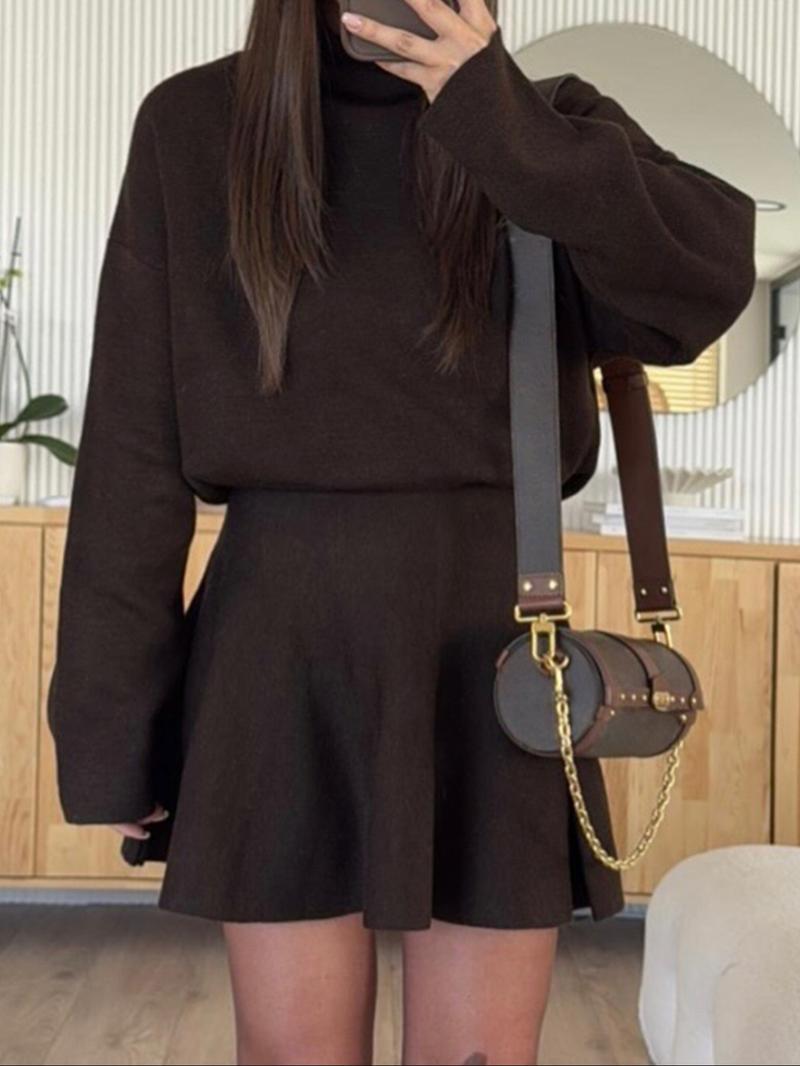 Women's Casual Half-High Neck Long Sleeve Knit Dress, Plain Color Loose-Fitting Sweater Dress, Fall & Winter Fashion Women's Casual Half-High Neck Long Sleeve Knit Dress, Plain Color Loose-Fitting Sweater Dress, Fall & Winter Fashion