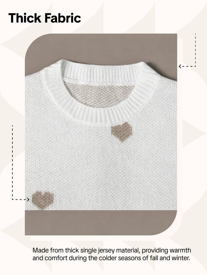 Women's All Over Heart Print Drop Shoulder Sweater, Casual Long Sleeve Round Neck Jumper for Fall & Winter, Fashion Ladies' Knitwear for Daily Wear