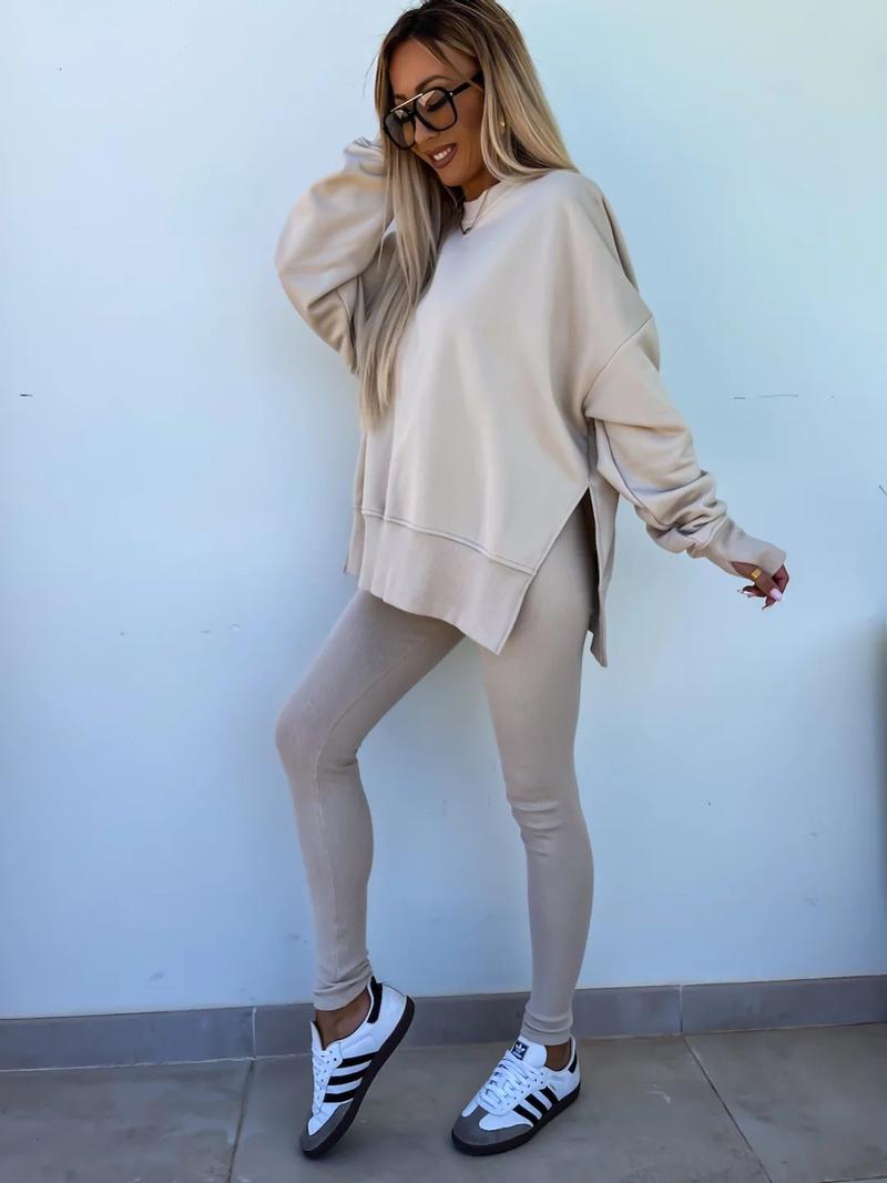 Oversize Two-Piece Set Women's  Split Hem Sweatshirt & Skinny Pants, Casual Fashion Cozy Round Neck Long Sleeve Pullover Women's Clothing for Fall & Basic Winter  Suits Womenswear Gamis