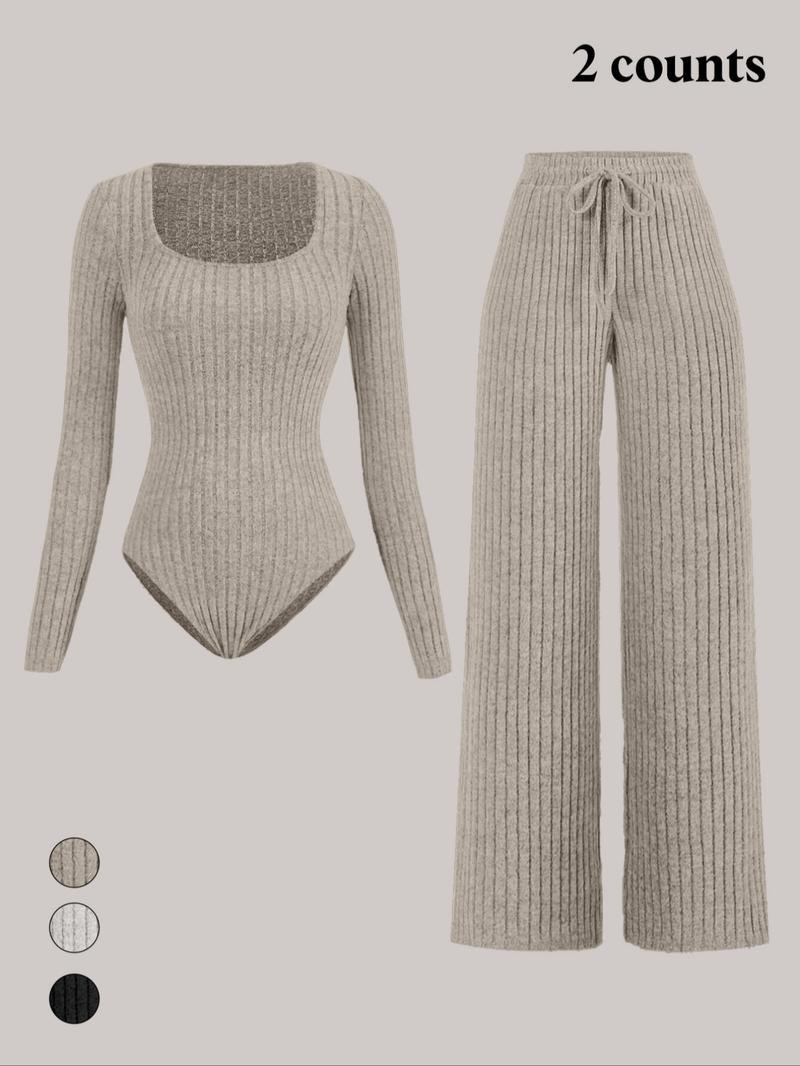 Women's Slim-Fit Solid Color Ribbed Fleece Jumpsuit Set, Wide Leg Pants, Fashionable Comfortable Fabric for Daily Wear Women's Slim-Fit Solid Color Ribbed Fleece Jumpsuit Set, Wide Leg Pants, Fashionable Comfortable Fabric for Daily Wear