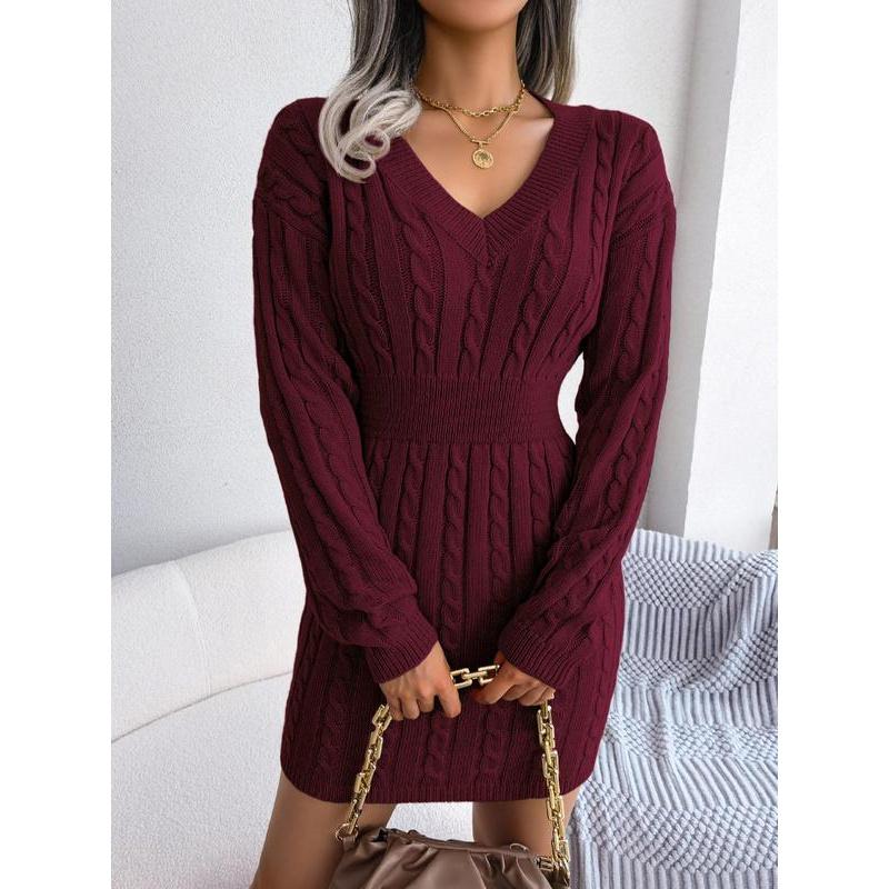 Women's Cozy V-Neck Cable Knit Sweater Dress – Soft Textured Drop Shoulder Long Sleeve Dress for Fall & Winter Women's Cozy V-Neck Cable Knit Sweater Dress – Soft Textured Drop Shoulder Long Sleeve Dress for Fall & Winter