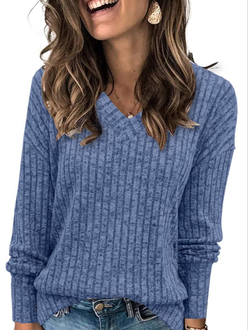 Women's Plain Drop Shoulder V Neck Tee, Casual Long Sleeve Top for Spring & Fall, Fashion Women's Clothes for Daily Wear Women's Plain Drop Shoulder V Neck Tee, Casual Long Sleeve Top for Spring & Fall, Fashion Women's Clothes for Daily Wear